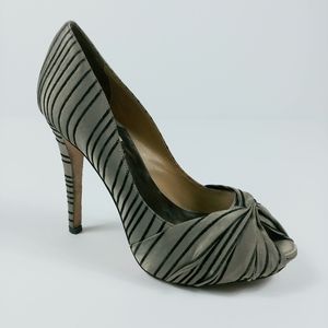 Badgley Mischka Taupe Striped Satin Peep Toe Pumps Size 7